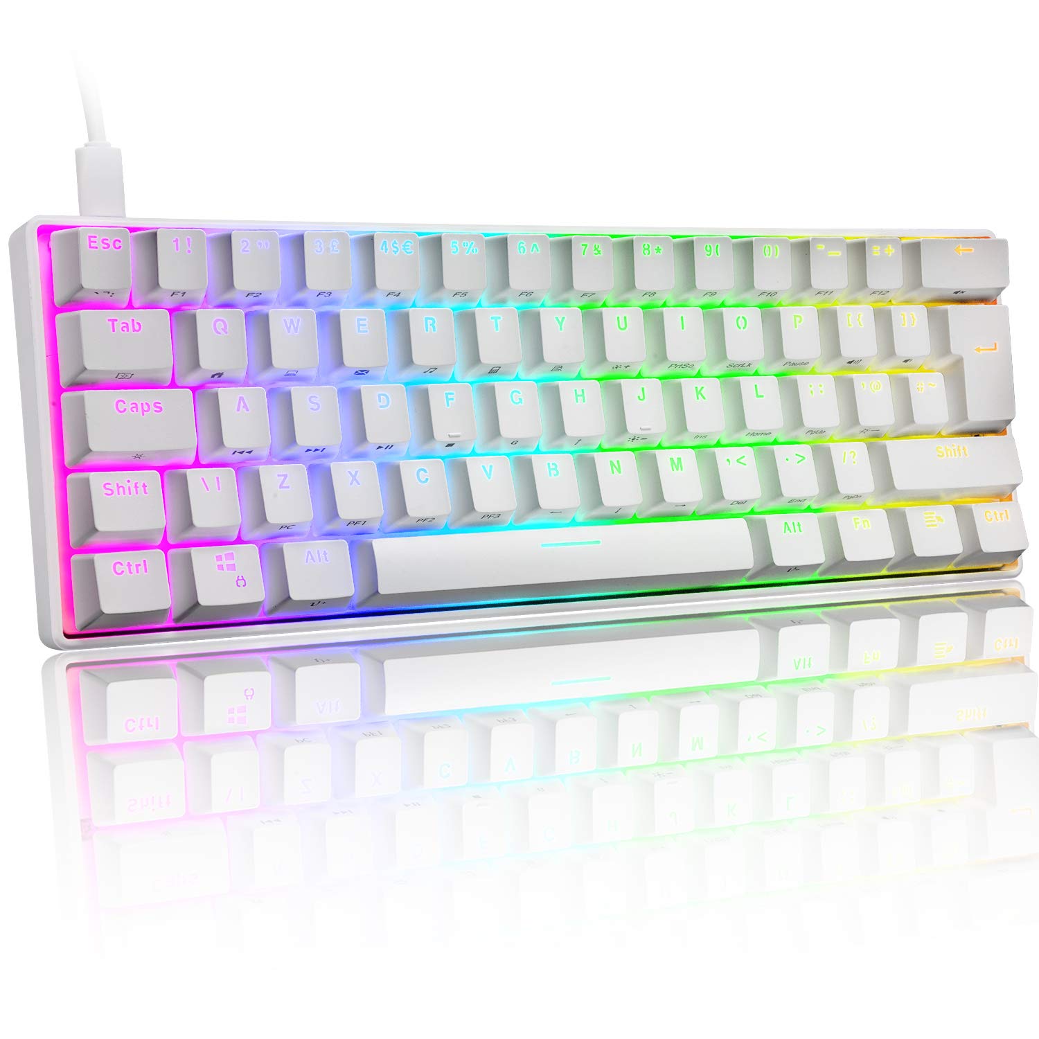UK Layout 60% True Mechanical Gaming Keyboard Type C Wired 62 Keys LED Backlit USB Waterproof Keyboard 14 Chroma RGB Backlight Full Anti-ghosting Keys for Computer/PC/Laptop/MAC (White/Red Switch)