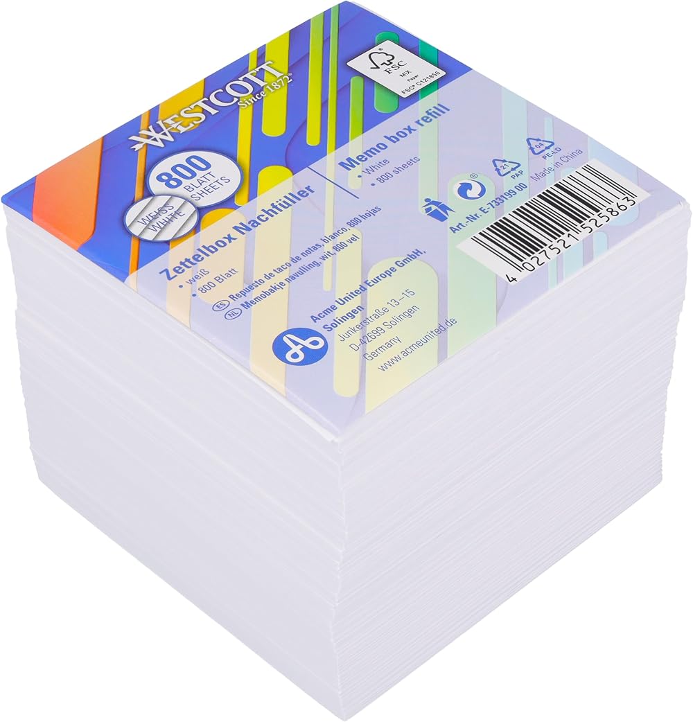 Westcott Note Block White 800 Sheets Refill 9x9 cm FSC Paper 80 g/m²