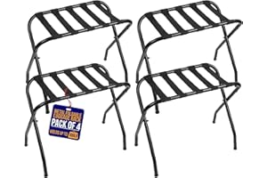 Lifemaster Metal Luggage Rack - Pack of 4 Foldable, Easy Assembly, Space Saving, and Stylish Steel Frame Guest Suitcase Stands with Nylon Straps - Black