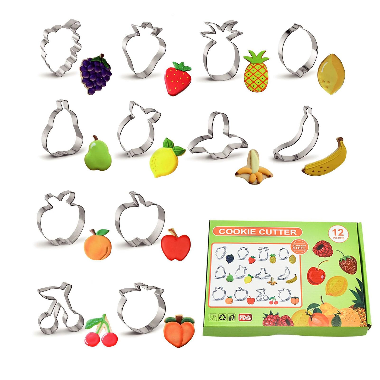 Photo 1 of 12 Pcs Fruit Cookie Cutters, Apple, Banana, Orange, Peach, Pear, Pineapple, Strawberry, Lemon, Grape, Cherry Stainless Steel Cookie Cutters for Baking (Fruit)