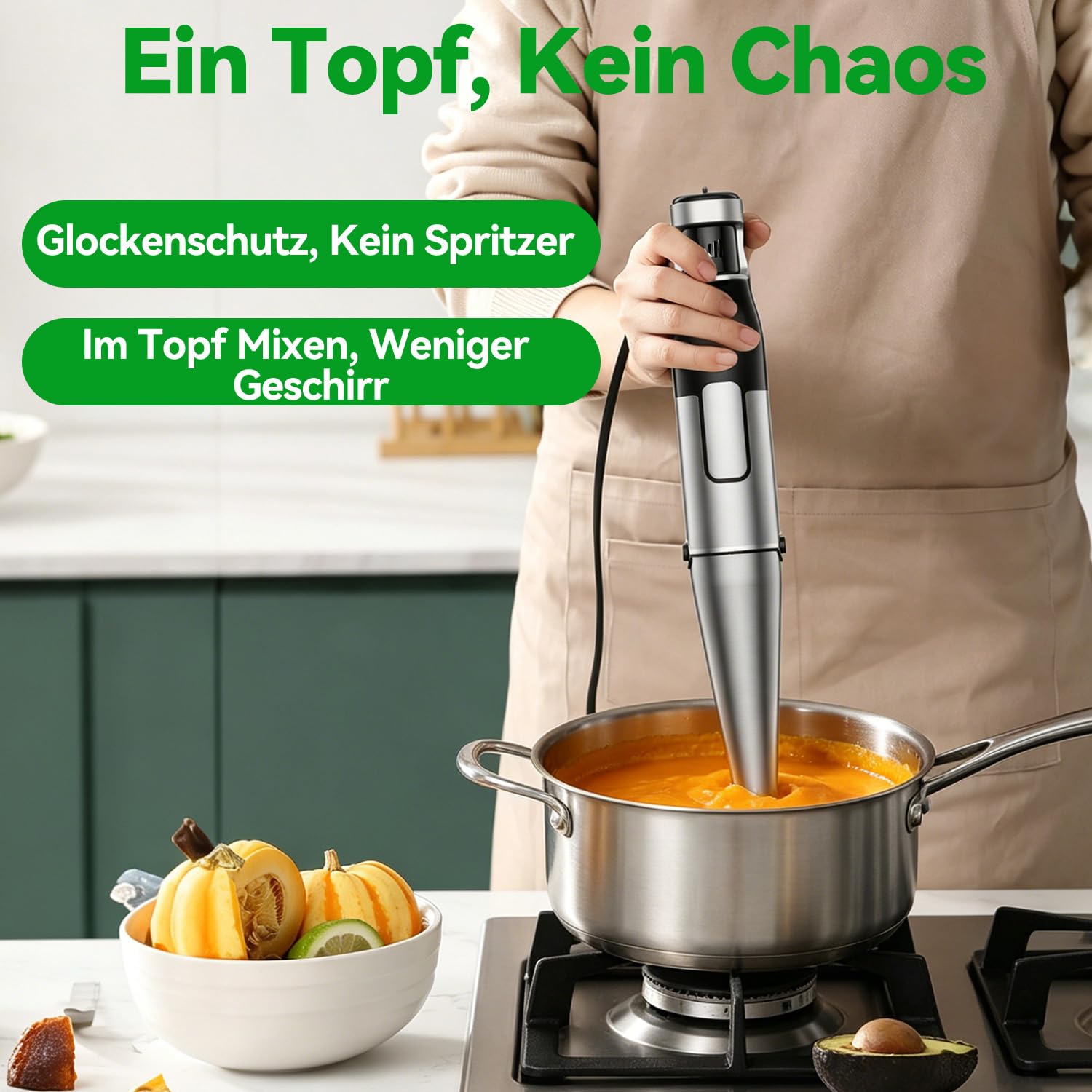 BESROY Stabmixer Set 5 in 1, 1100W Pürierstab Elektrisch, Stufenlose Geschwindigkeit, Edelstahl Hand Blender inkl. Zerkleinerer, Schneebesen, Milchaufschäumer & Messbecher, Ideal für Suppen, Smoothies 8