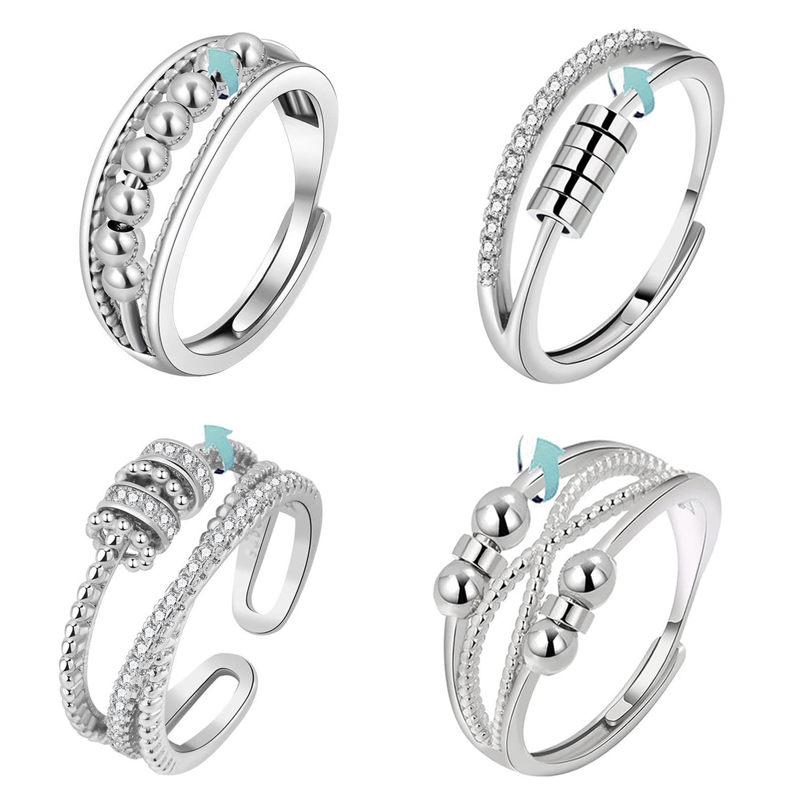 Hifot 4Pcs Anxiety Rings for Women, Silver Fidget Ring for Anxiety Women Open Spinner Rings for Teenage girls, Stress Relief Adjustable Ring for Mother Daughter Son Men Birthday Party Gifts