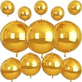 12Pcs Gold Round Foil Balloons, 22" 15" 10" 4D Ball Balloons, Metallic Gold Foil Balloon for Birthday Graduation Wedding Anniversary New Year Eve Disco Party Backdrop Decorations