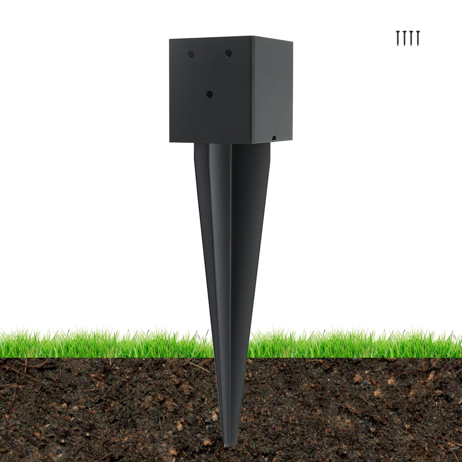 Photo 1 of 1 Pcs 4 "x 4 "Fence Post Anchors Ground Spike (Actual 3.6 ” X 3.6”)?Heavy Duty Metal Fence Stakes Post Base 16'' with Black Powder Coated Support for Mailboxes, Fences, Trellis Posts, Banners.