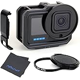SOONSUN Aluminum Case with UV Filter and Charging Side Door for GoPro Hero 13 12 11 10 9 Black, Metal Cage Protective Frame Housing Built-in Dual Cold Shoe Mount to Connect Video Light Microphone