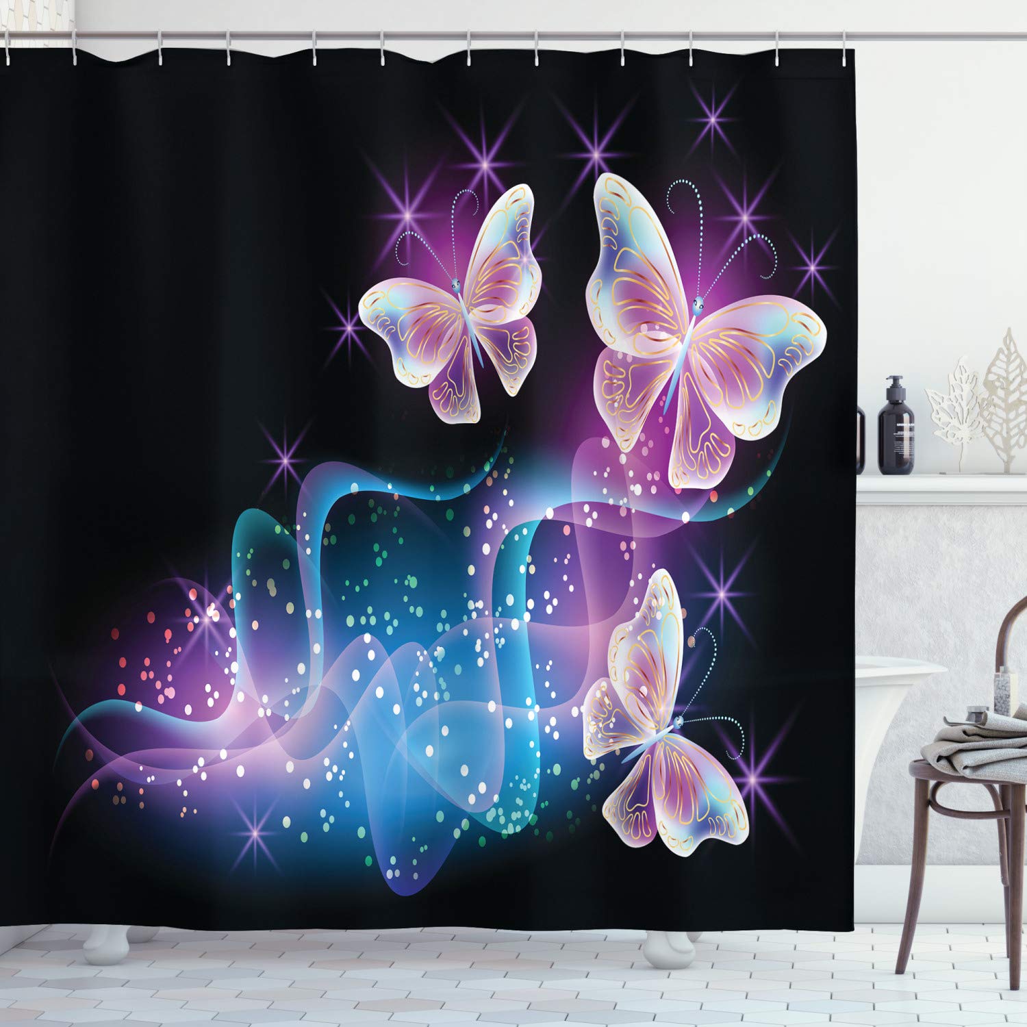 ABAKUHAUS Butterfly Shower Curtain, Butterflies Flying and Leaving Behind Colorful Smoky Shapes Illustration, Cloth Fabric Bathroom Decor Set with Hooks, 175 x 220 cm, Purple Blue