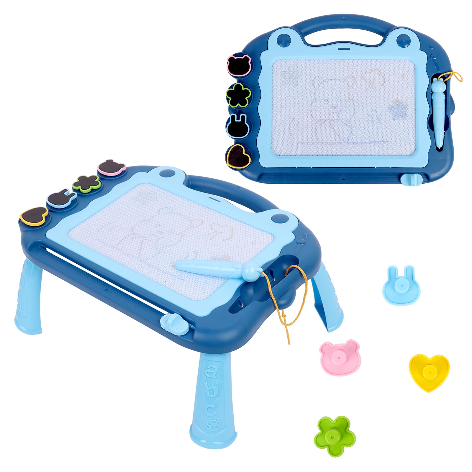 Blue Magnetic Drawing Board Kids - Adjustable Angle Erasable Toddler Drawing Tablet with Handle Seal Bracket Pen - 4 Color Zones 31 x 23cm
