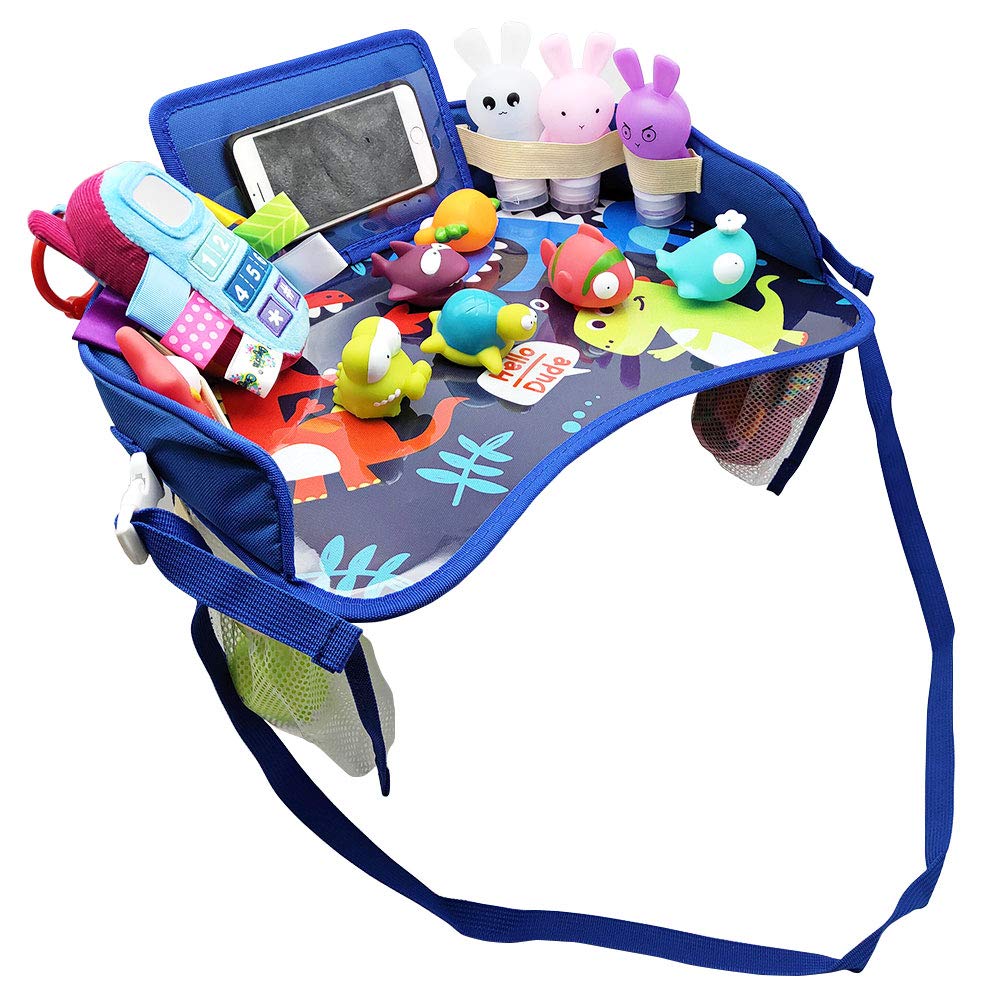 LETTON Kids Travel Tray, Toddler Car Seat Tray Organizer, Kids Lap Tray Play Tray with A Phone Holder, A Road Trip Essential, Mesh Pockets, Soft Padding, Waterproof (Blue)