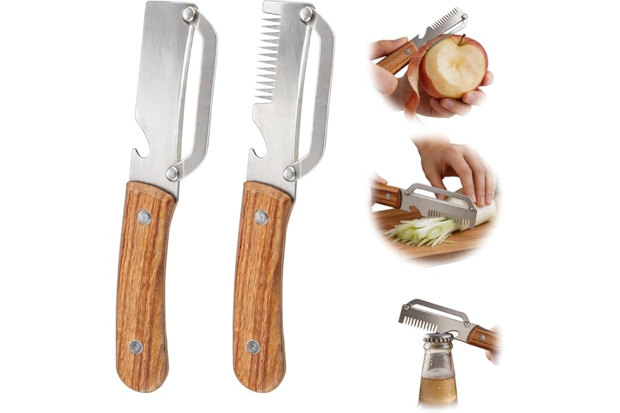 Multifunctional Vegetable Peeler, 3 in 1 Julienne Peeler with Wooden Handle, Vegetable Shredder with Bottle Opener Kitchen Tool for Peeling Veggie Fruit Pineapple Pumpkin Papaya Carrrot(2 Pack)