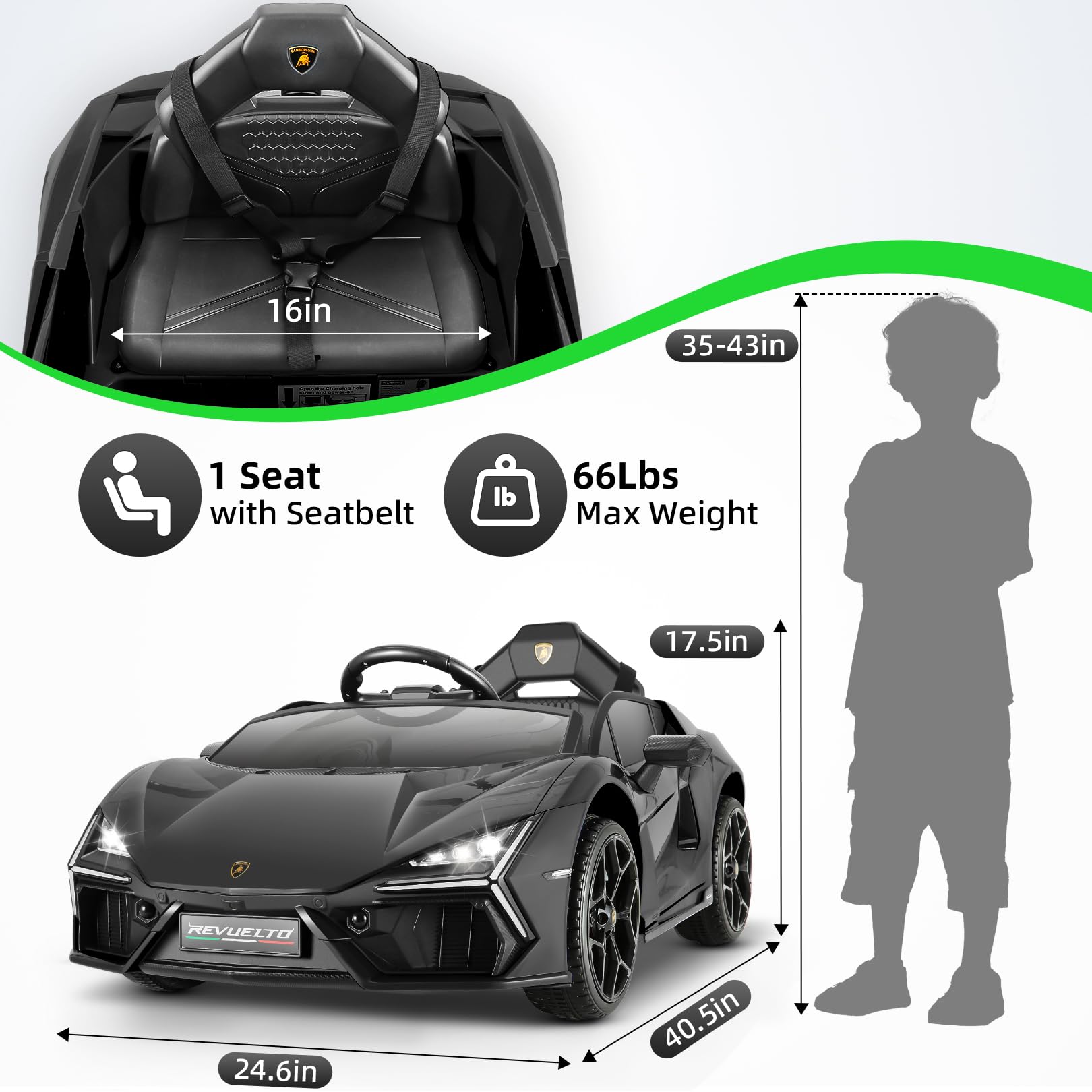 Hikole Lamborghini Remote Control car, 12V Battery Powered Ride on Toys, Brake Caliper, Liftable Scissor Doors, Driving Sounds, LED Lights, Music, Kids Sports Car for Boys&Girls, Black