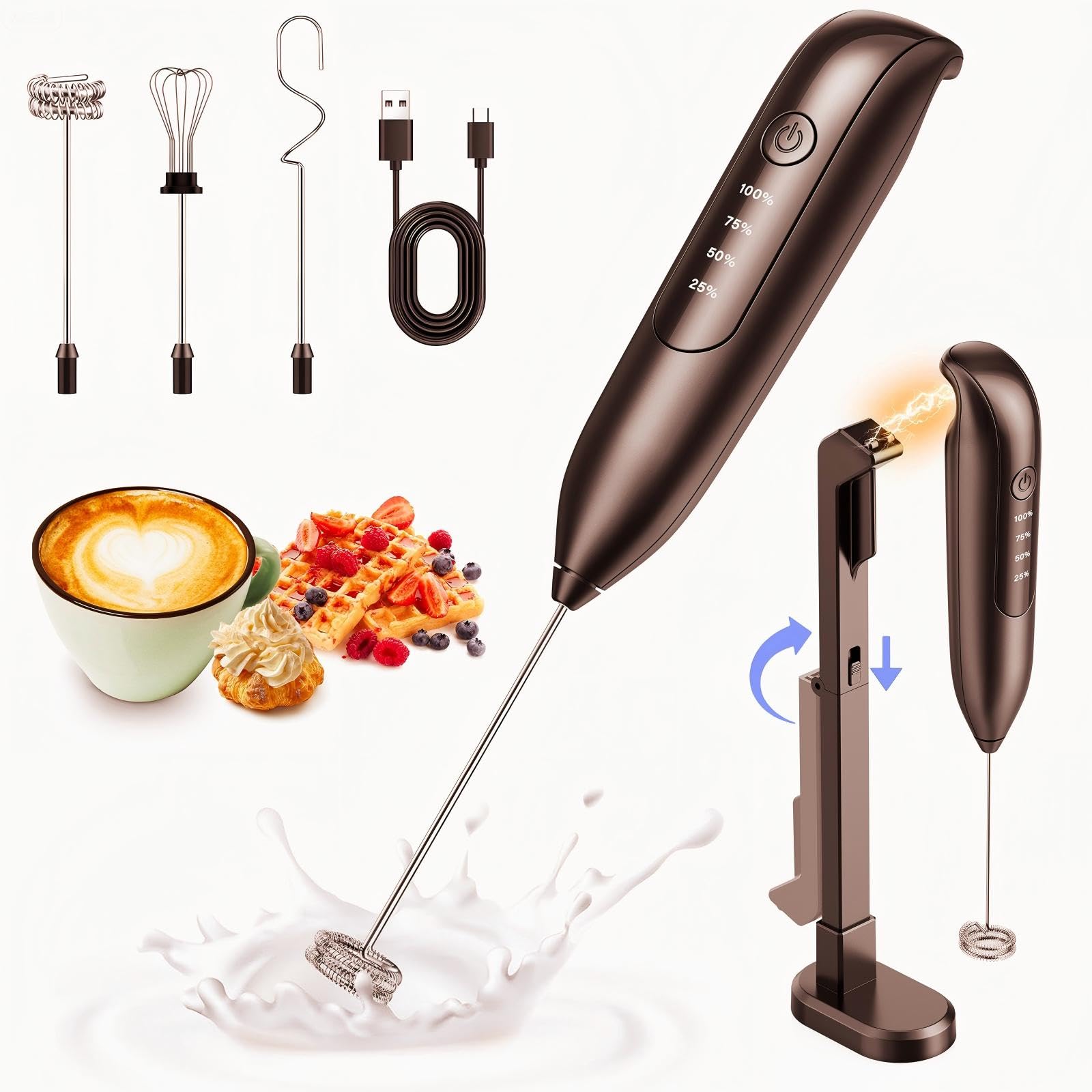 Photo 1 of Dynooper Electric Milk Frother Handheld: coffee frother rechargeable 3 in 1 - LED Display, Wireless Charging - 3 Speeds, Stainless Steel Whisk for Latte, Cappuccino - Jet Black