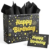 CEMECER 16.5” Extra Large Gift Bag Set with Handles, Black Gold Happy Birthday Bag, Greeting Card, Tissue Papers for Man Women Girls Boys Kids Party Supplies Decorations.(Black)