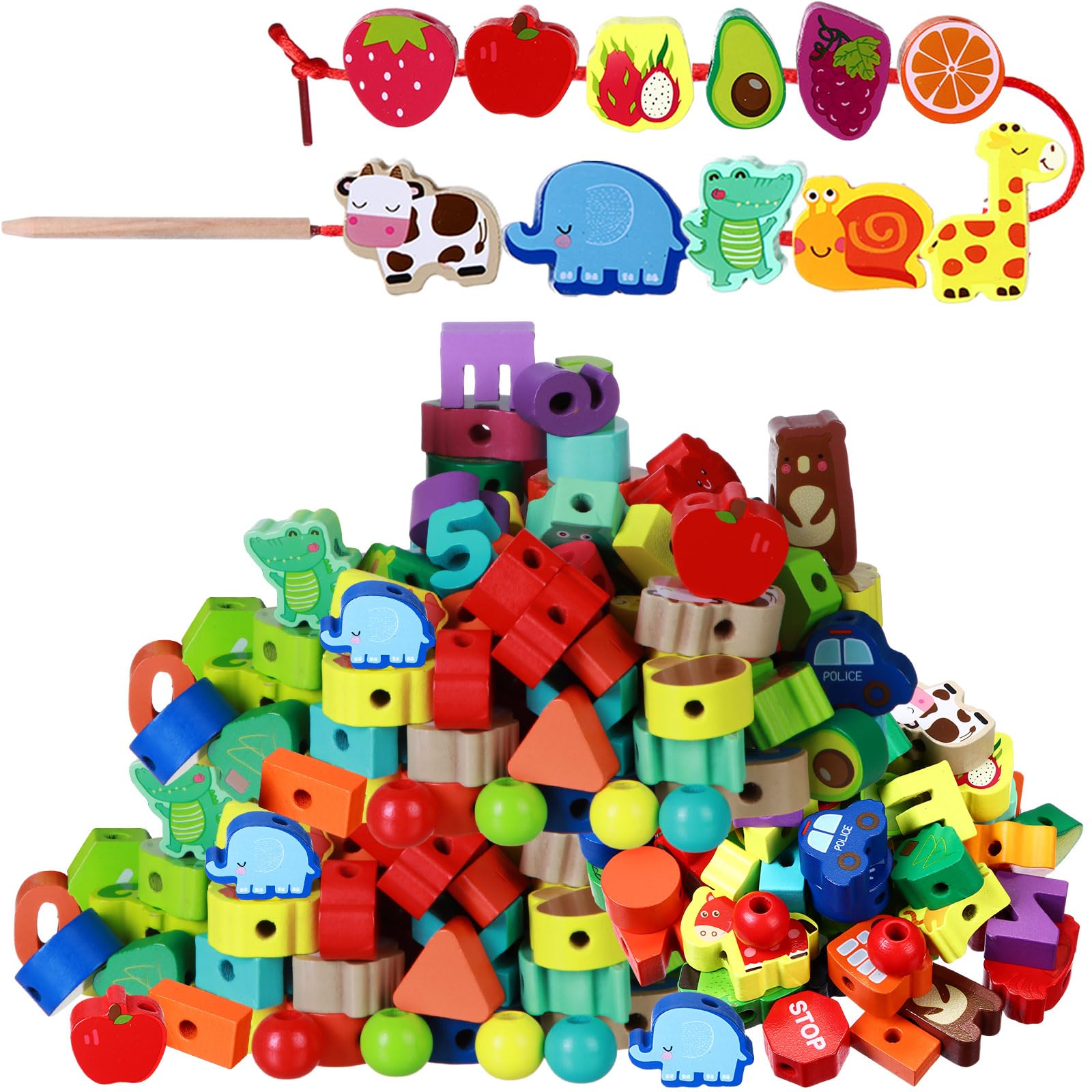 Photo 1 of Shappy 139 Pcs Montessori Educational Wooden Lacing Beads Toys for Toddler Farm Animals Fruits Lacing Beads Preschool Stringing Fine Motor Skills Toy for Kids 1-6 Year Old Boys Girls