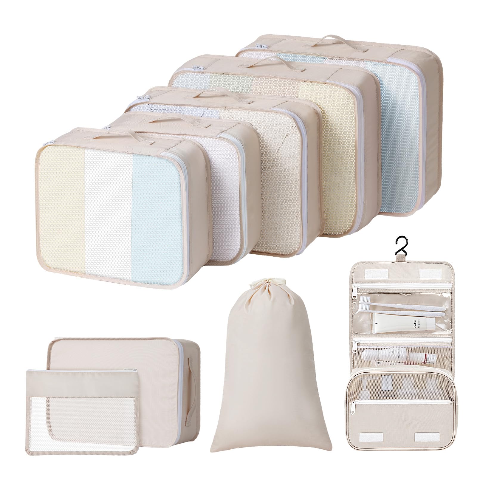 Easortm Easortm Packing Cubes for Travel - 9 Set Large Travel Cubes Luggage Organizer Bags Set With Laundry Bags/Shoe Bag/Toiletry Bag (Beige)