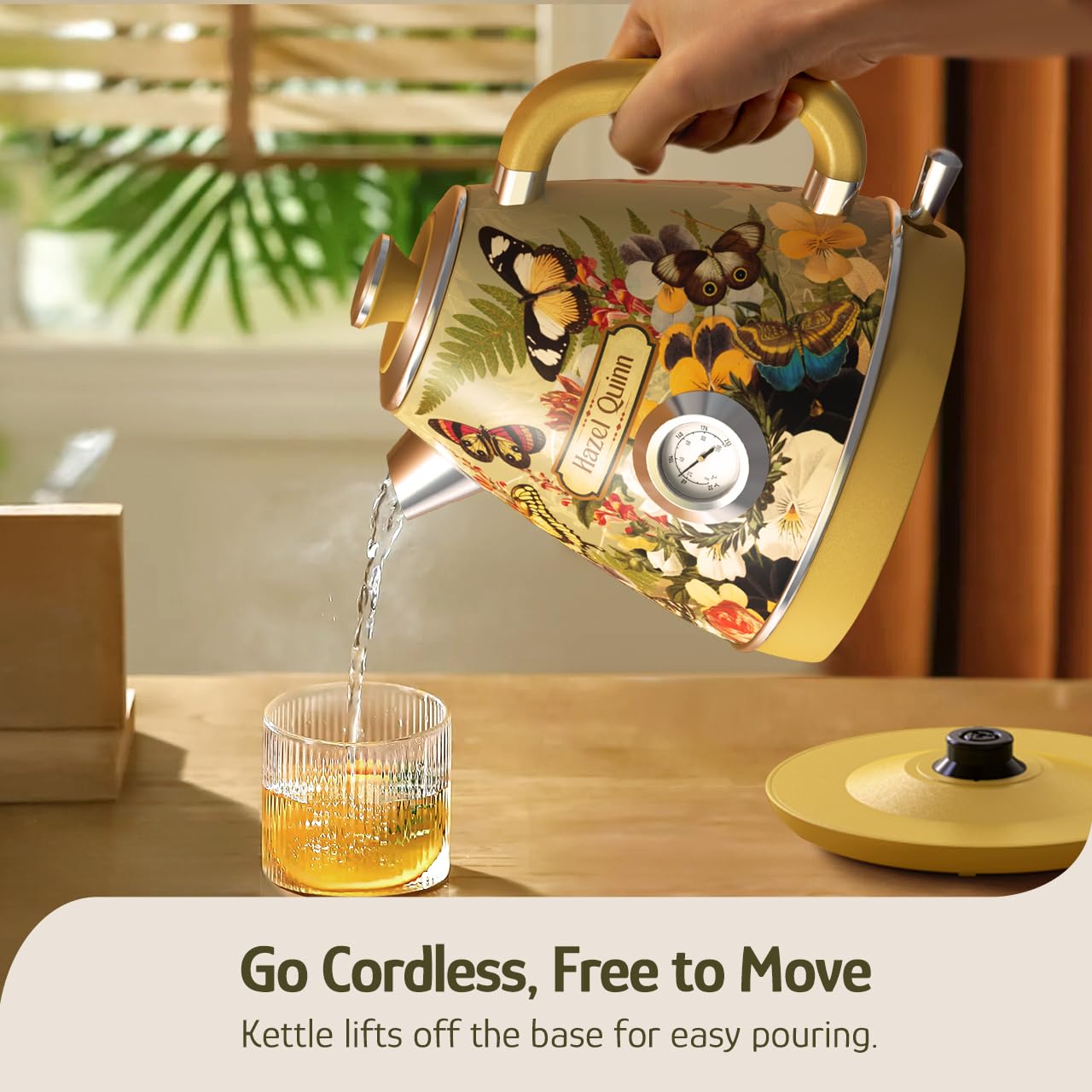 Hazel Quinn X Eduardo Recife Hervidor eléctrico - 1200 W de ebullición rápida de agua, 1,7 L/57 oz, interior de acero inoxidable 304, sin BPA, apagado automático, tetera retro inalámbrica con termómetro - estampado floral