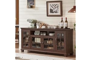 SAVOR LIFE Large Sideboard Buffet Cabinet with Storage, Vintage Walnut Farmhouse 60" Wide Credenza Accent Cabinets with Glass Doors & Wood Legs, Kitchen Coffee Bar Table for Dining Room, Living Room