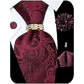 Kerfado 5PCS Tie and Pocket Square for Men, Silk Necktie and Handkerchief Cufflinks with Gold Ring and Lapel Pin Set