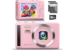 RUWAQART Digital Camera 4K UHD Vlogging Camera, 44MP Autofocus Compact Camera with 16X Digital Zoom, Rechargeable Point and Shoot Digital Camera with 32GB SD Card, 2 Batteries for Teens Kids Boys Girls(Pink)