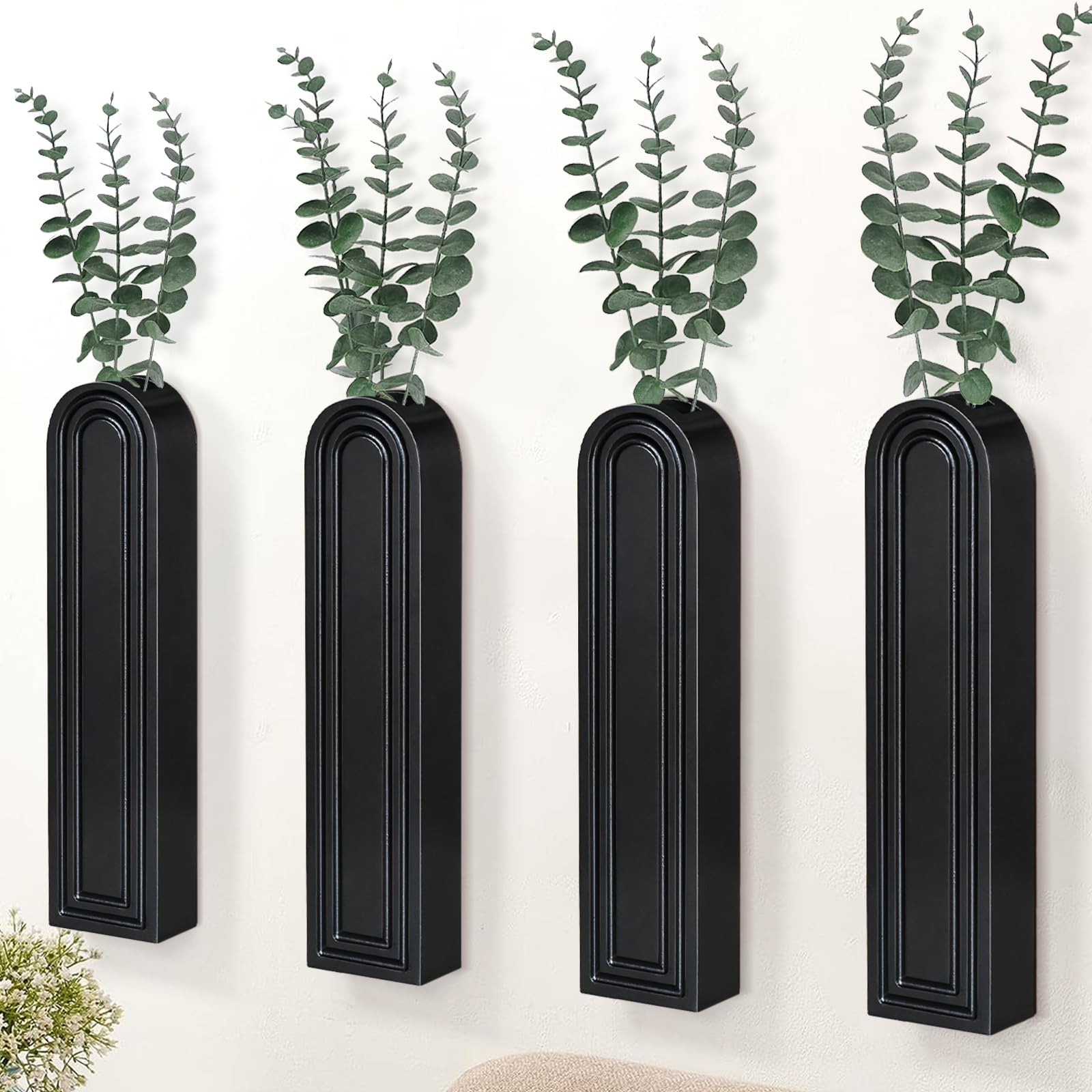 Photo 1 of 4Pack Wood Wall Planters for Indoor Plants, Modern Planter for Bathroom, Living Room Decor, Entryway, Farmhouse Vase for Dried Flowers and Faux Greenery (Black)