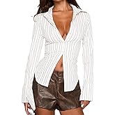 Women Y2K Long Sleeve Button-up Shirt Coquette Collared Work Office Slim Fitted Crop Top Fall Vintage Trendy Blouse