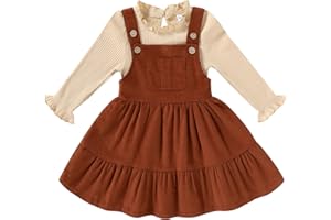 Happy Town Toddler Girl Clothes Long Sleeve Fall Outfits Ruffle Ribbed Floral Tops Overall Dress Set with Pocket