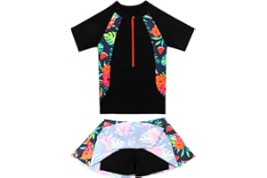 BAOHULU Girls Rash Guard Swimsuits Set 2 Pcs Bathing Suit UPF50+ Short Sleeve Kids Beach Swimming Skirts with Shorts Swimwear 3-14Y