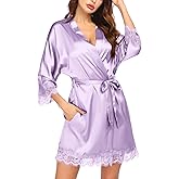 Ekouaer Womens Silk Robe Short Lace Trim Satin Robe 3/4 Sleeve Sexy Kimono Bride Bathrobe Comfy Sleepwear with Pockets