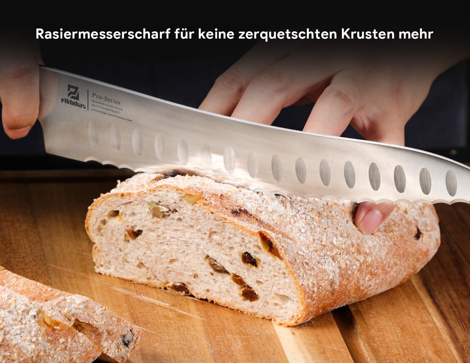 Piklohas 10-Zoll Nachschärfbares Brotmesser Wellenschliff aus Deutscher HC-Edelstahl Brötchenmesser, Extra Scharfe Bäckermesser für Brot, Frühstück mit dem Geschenkbox Bread Knife 5