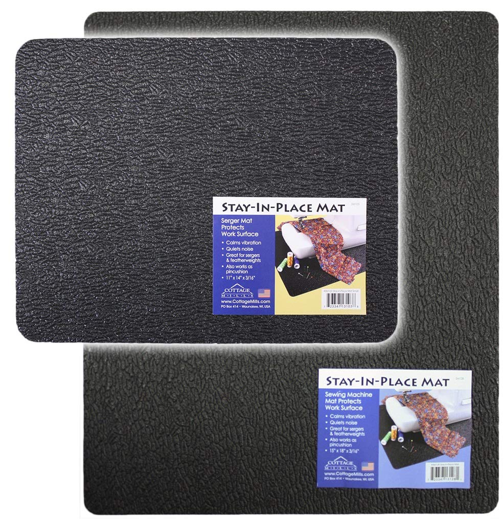 Stay-in-Place Machine Mats - 2 Piece Set - 11" x 14" & 15" x 18" - Sewing Machine and Serger Mats - Calms Vibration and Dampens Noise. Made in USA.