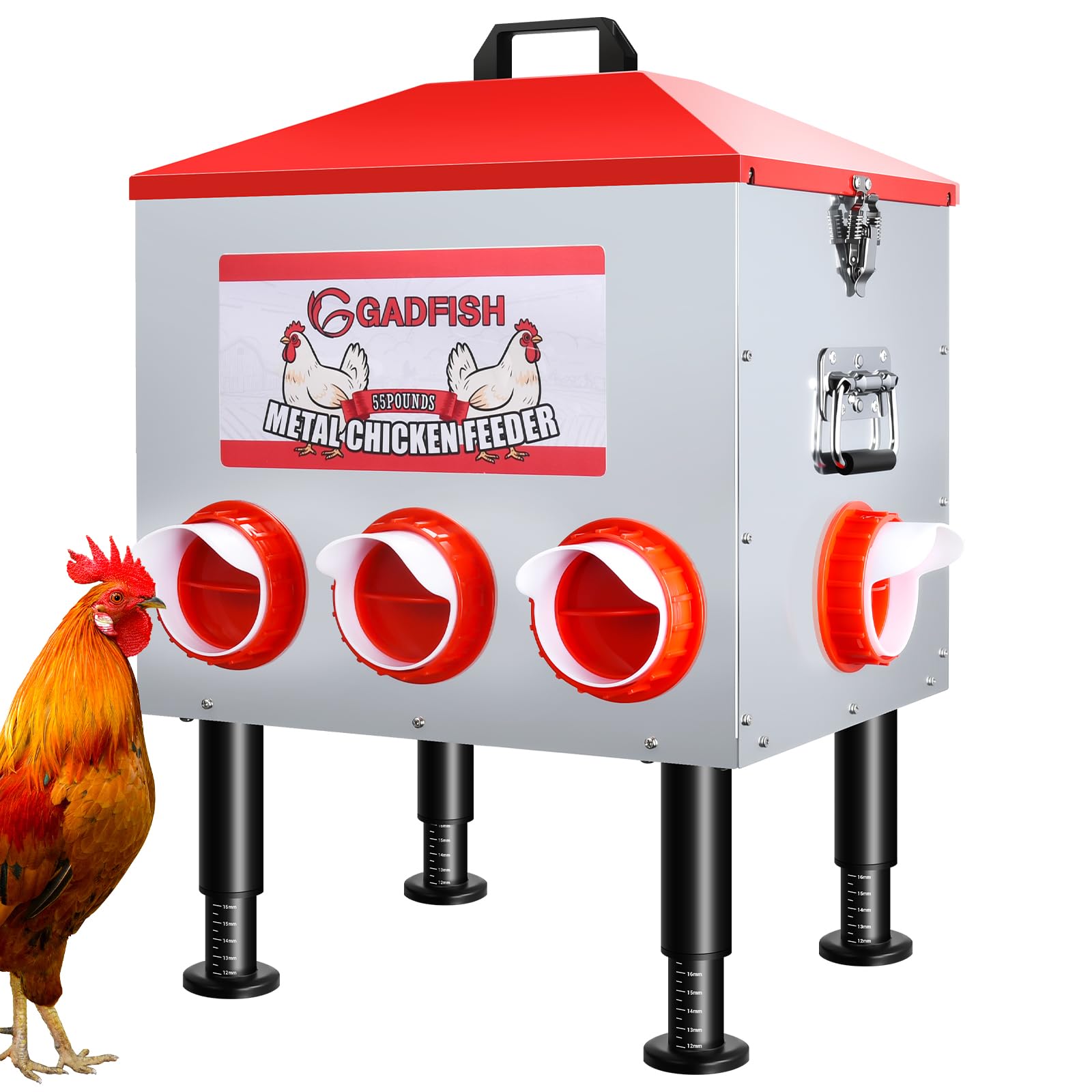 Photo 1 of GADFISH 55LBS Large Capacity Automatic Chicken Feeder - 8 Feeding Ports, Anti-Waste Design, Height-Adjustable Legs & Secure Locking Lid for Chickens, Ducks & Poultry