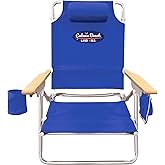Cabana Beach Folding Beach Chair, 5 Position Lightweight, Portable Reclining Outdoor Camping Accessories with Headrest, Shoulder Strap, and Cup Holder, Blue