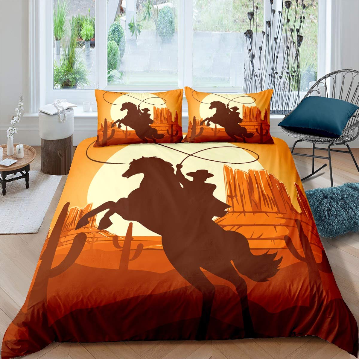 Loussiesd Cowboy Style Duvet Cover Wild West Themed Bedding Set for Kids Boys Teens Men Galloping Horse Comforter Cover Western Scenery Decor Cactus Succulent Bedclothes 3Pcs Double Size