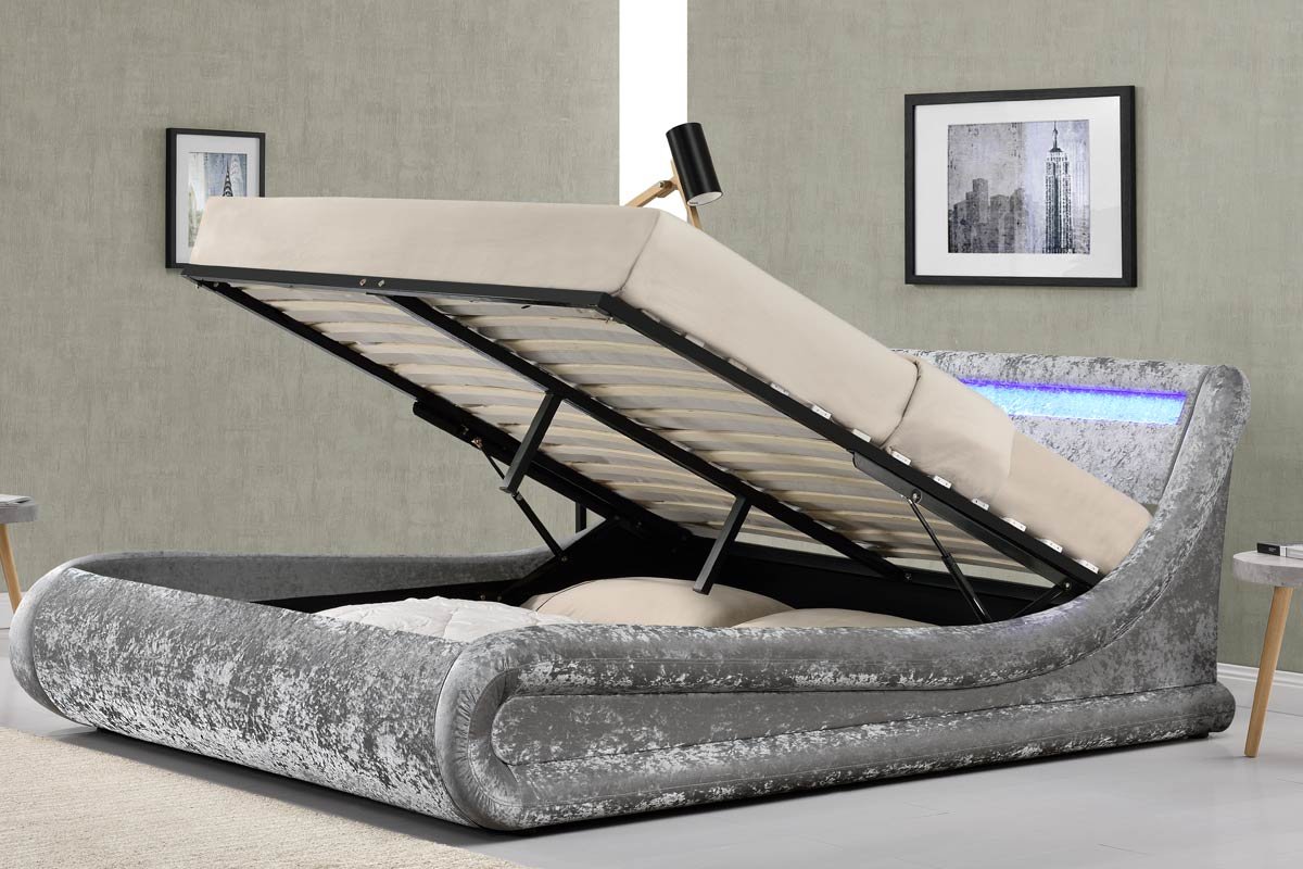 Madrid LED Lights Ottoman Storage Bed Frame Black Faux Leather / Silver