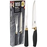 Taylors Eye Witness Carving Knife & Meat Fork Set - 20cm/8 Inch Classic Matt Stainless Steel Blade. Strong, Stylish Two Prong Fork for Professional Chefs & Home Cooks. Brass Bolster. Soft Grip Handle