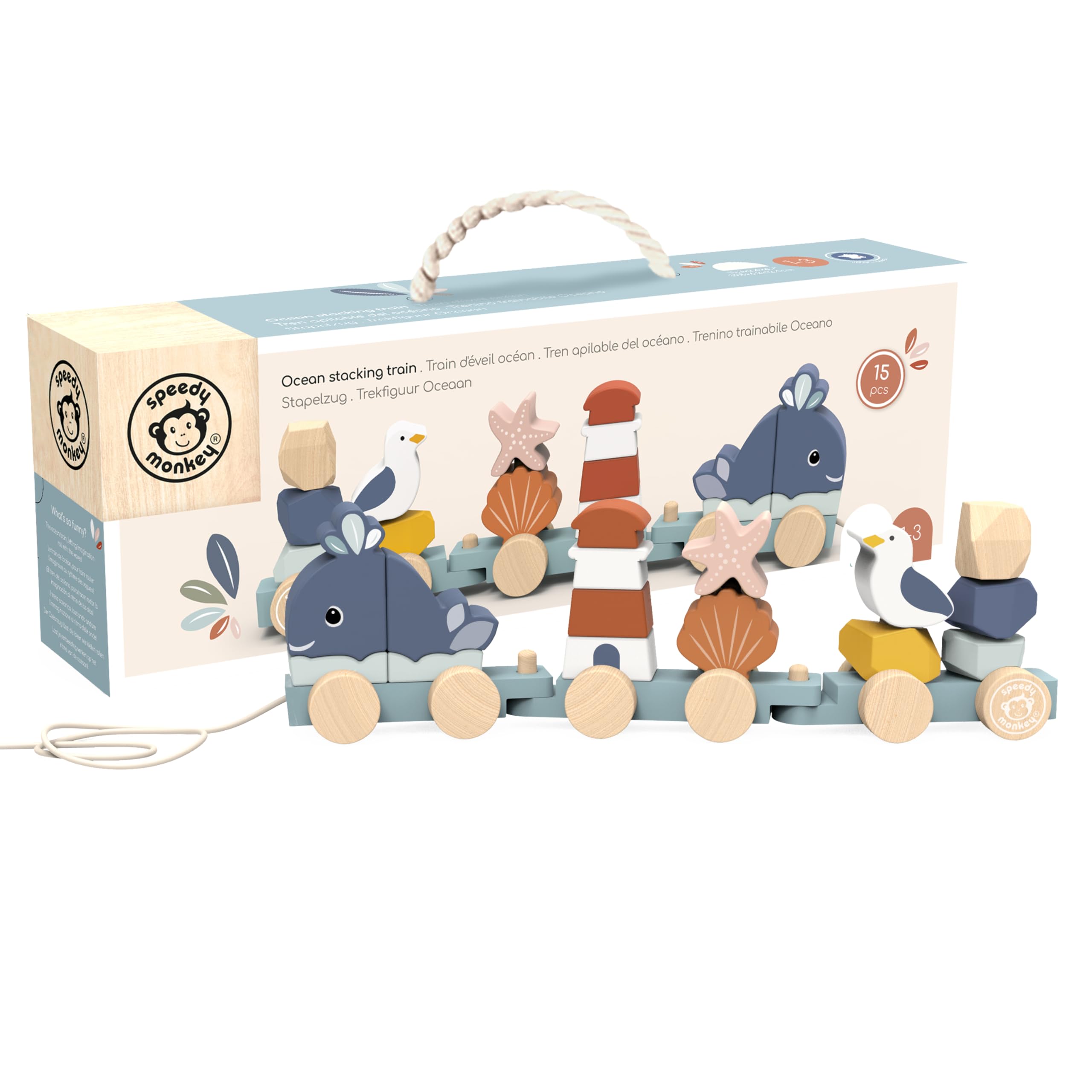 SPEEDY MONKEY Ocean Train Stacker for Toddlers 12m+ | Wooden 15 Piece Stacking & Sorting Toy | Seaside-Themed Train Pull Along for Walking & Crawling | Fine Motor & Early Learning Gift for Kids