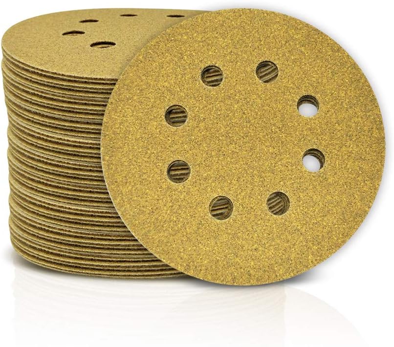 SPEEDWOX 100 Pcs 5 Inches 8 Hole Sanding Discs 100 Grit Dustless Hook and Loop Sandpaper for Random Orbital Sander Yellow Finishing Discs for Automotive Woodworking