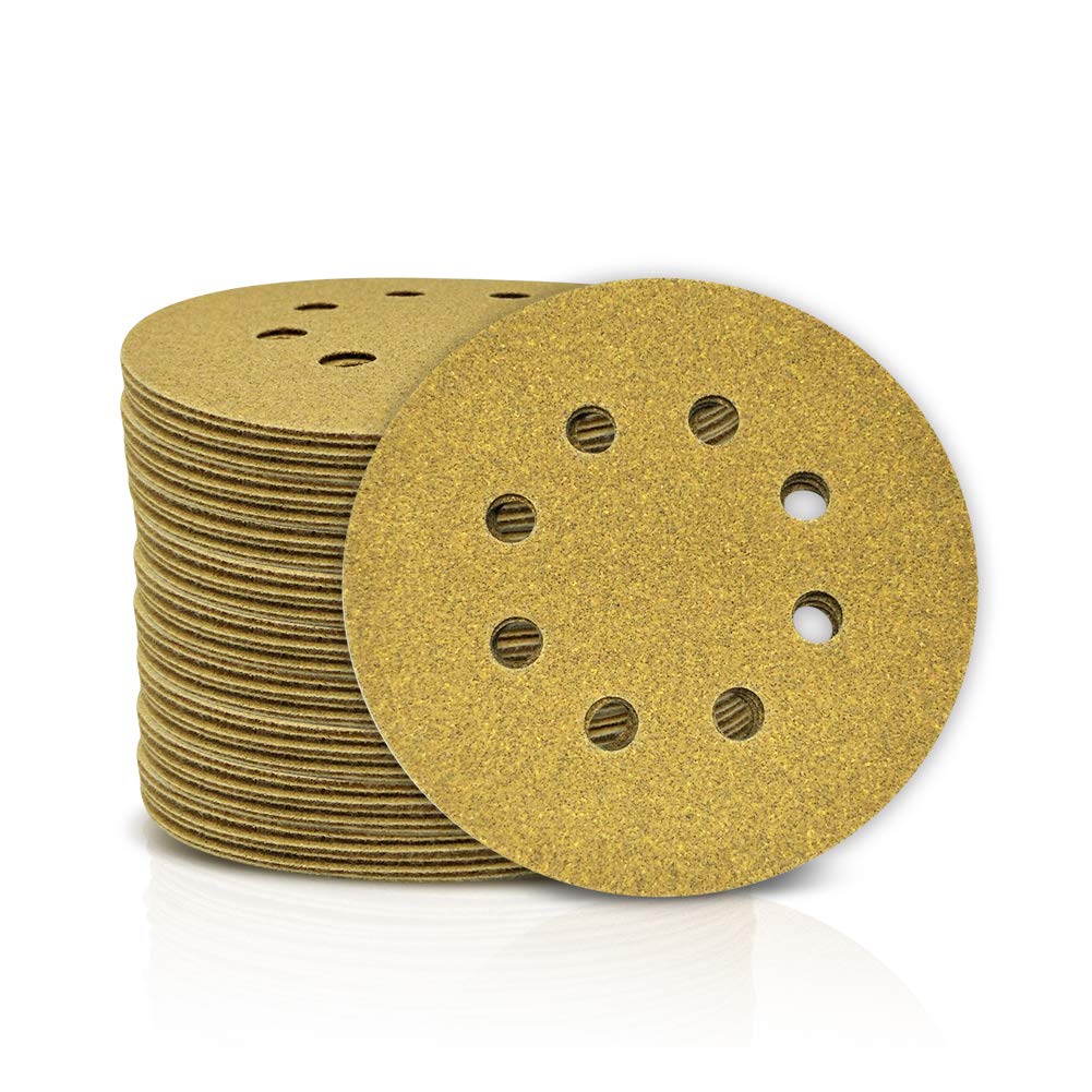 SPEEDWOX 100 Pcs 5 Inches 8 Hole Sanding Discs 100 Grit Dustless Hook and Loop Sandpaper for Random Orbital Sander Yellow Finishing Discs for Automotive Woodworking