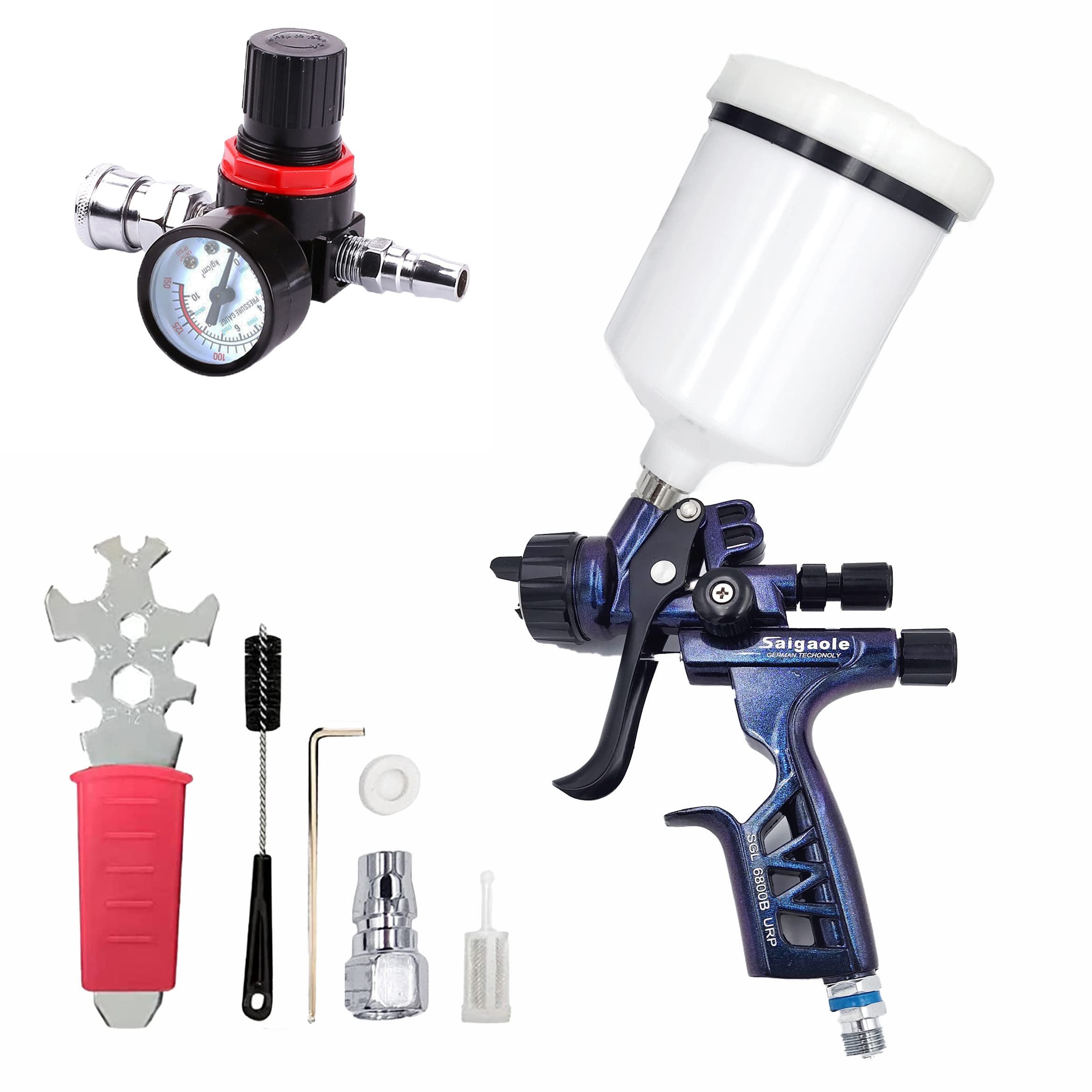 WISEgham HVLP Paint Spray Gun, 1.3mm Automotive Paint Sprayer Gun with Air Regulator, 600cc Auto Car Body Paint Sprayer for House Furniture Home Interior Exterior