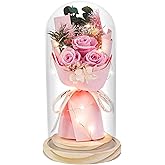 HVY Preserved Flowers Gifts for Her,Preserved Rose Bouquet in Glass Dome,Forever Flowers Fresh Bouquet Present for Women Mothers Day Birthday Gifts for Mom Wife Grandma,Pink Real Rose