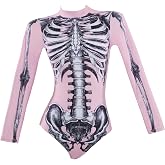 haikyuu Women Pink Skeleton One Piece Swimsuit Long Sleeve Skull Bodysuit Swimwear Goth Gothic Bathing Suit