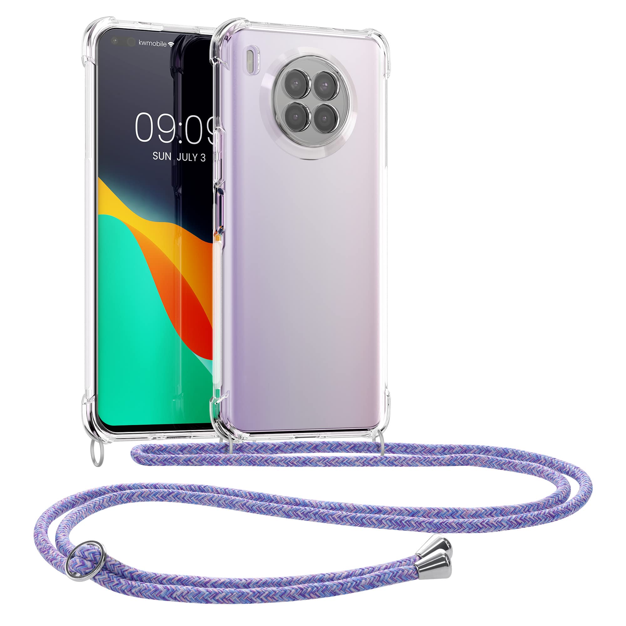 kwmobile Crossbody Case Compatible with Huawei Nova 8i Case - Clear TPU Phone Cover w/Lanyard Cord Strap - Lavender/Violet/Light Blue/Transparent