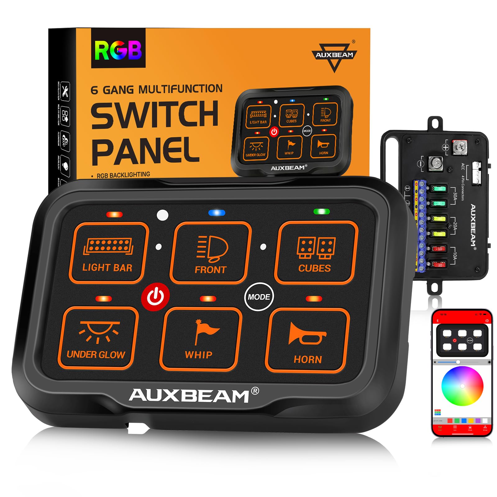 Photo 1 of Auxbeam 6 Gang Switch Panel Bluetooth AR-600 RGB Large Button Auxiliary Switch w/Toggle Momentary Pulsed Switch Pod Backlit Off Waterproof 12-24V Panel Pod for UTV Boat Truck RV 3 Years Warranty