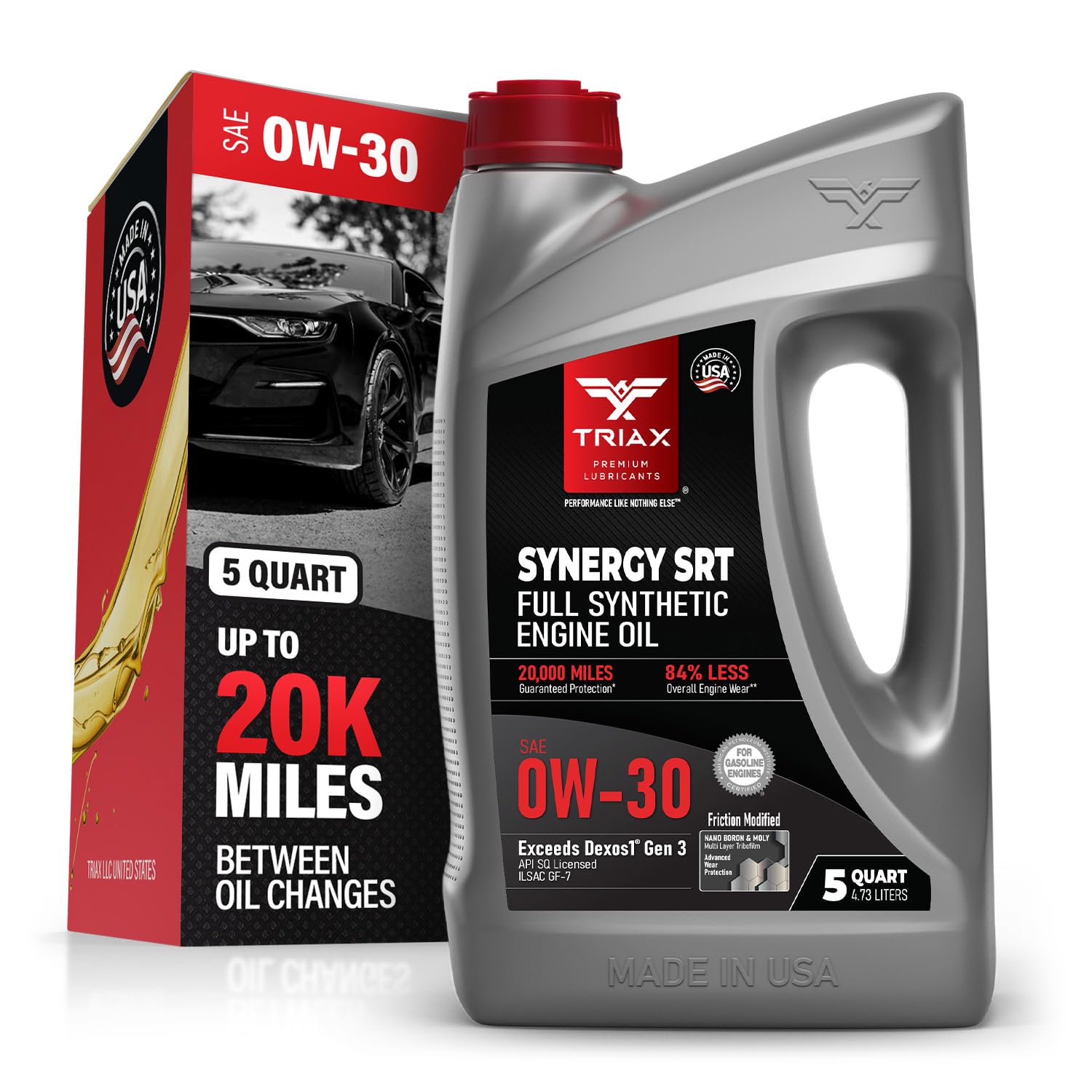TRIAX Synergy SRT 0W-30 Full Synthetic PAO and Ester Engine Oil, SN+, Dex 1 Gen 2, Moly and Boron Friction Modified, 15K Miles or 2 Years (5 Quart)