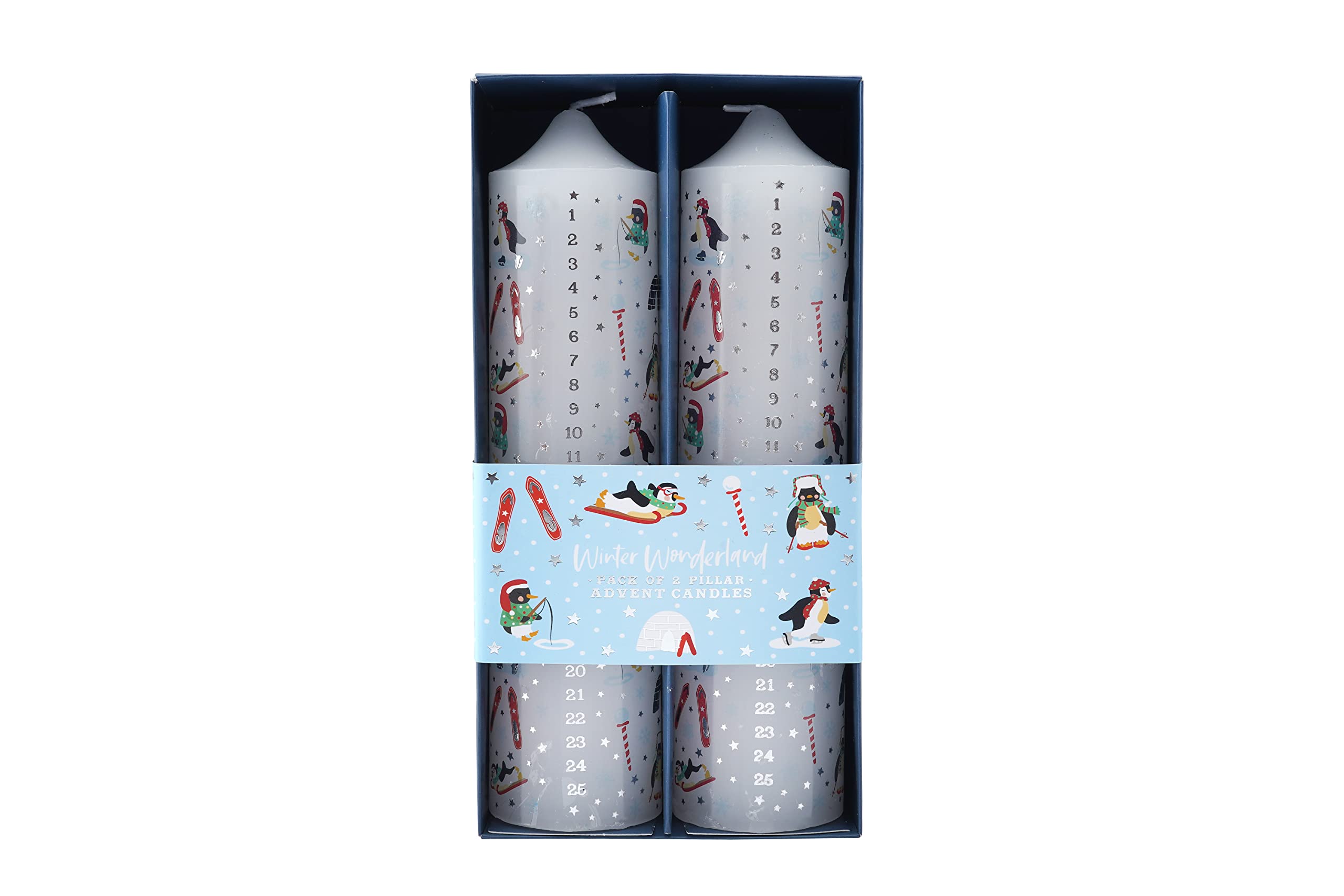 CGB Giftware | Christmas Wonderland Penguin Pillar Advent Candles | Pack of 2 | Countdown to Christmas | Numbered 1 – 25 | Gift Box | Joy to The World Range | GB05847