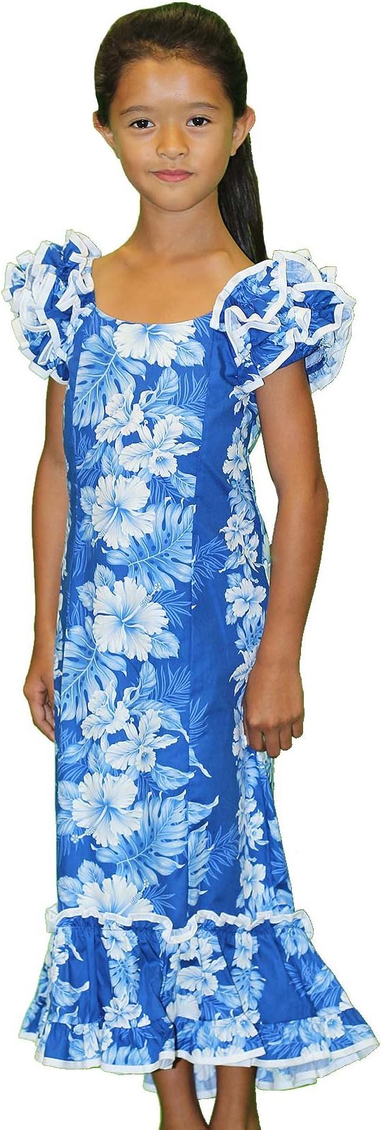 Royal Blue and White Hibiscus Hawaiian Muumuu Dresses for Girls Made in Hawaii