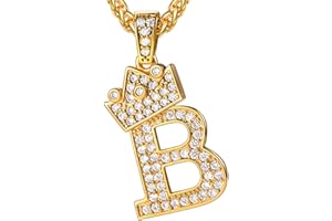 U7 Crown Initial A-Z Necklace, Iced Out Letter Pendant with 22-24 Inch Chain, Men Women Bling Hip Hop Alphabet Name Jewelry Big Initials Necklaces Color Steel,Black,Gold