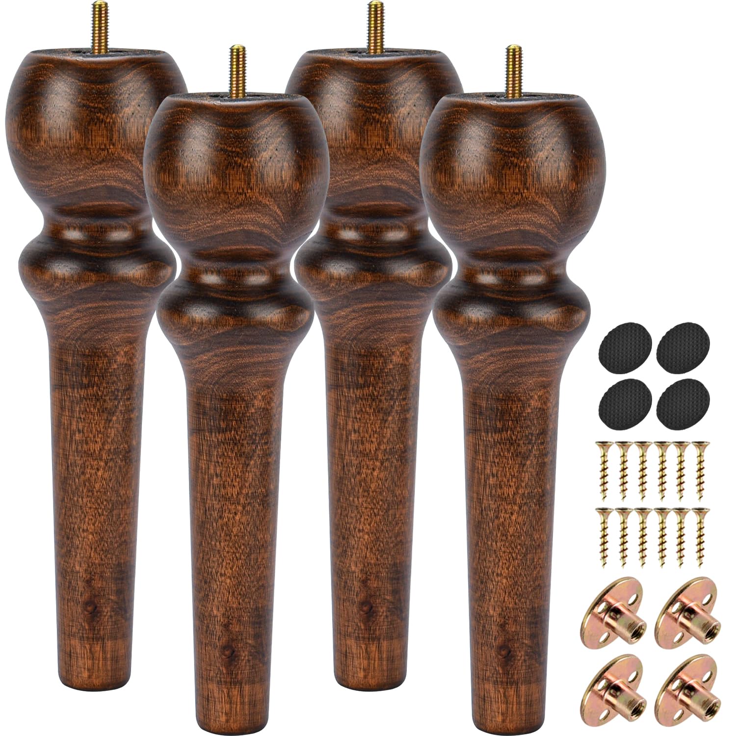 La Vane 10 inch / 26cm Wooden Furniture Legs, 4PCS Soild Wood Turned Spindle Glaze Replacement Spool Feet with Pre-Drilled M8 Inch Bolt & Mounting Plate for Couch Sofa Armchair Dresser Chest