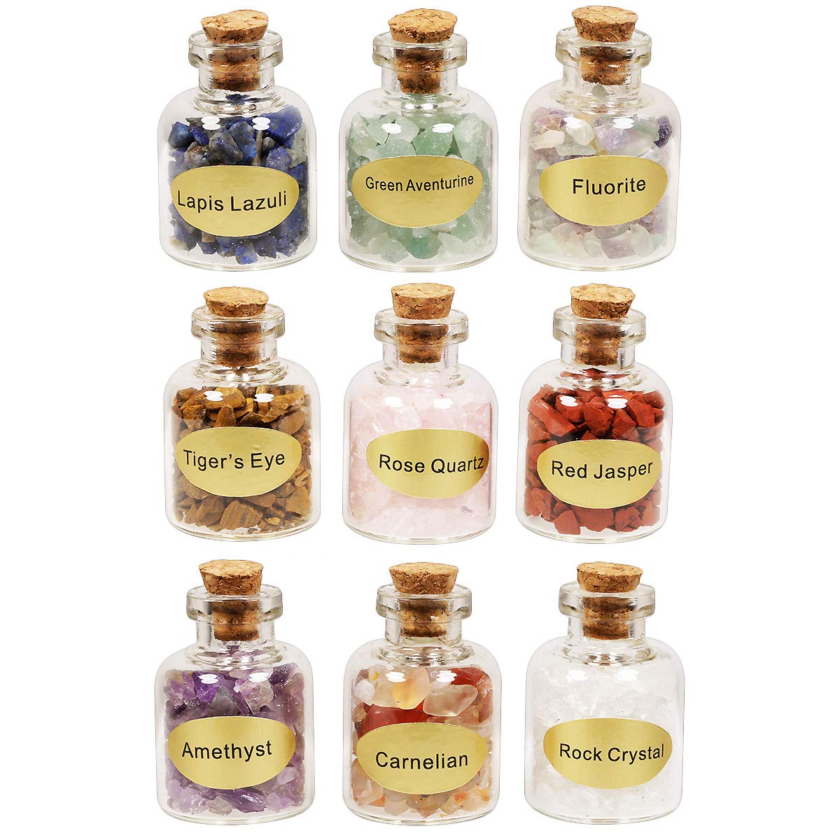 KYEYGWO Set of 9 Mini Gemstone Bottles Tumble Chip Crystal Healing Reiki Wicca Stones Set