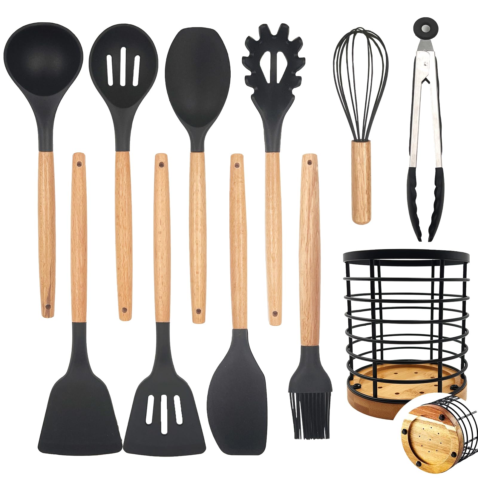 Daily Treasures 12PCS Silicone Kitchen Utensil Sets,Wooden Handle Cooking Utensils Set with Farmhouse Utensil Holder,Heat Resistant Non Stick Kitchen Utensils Set,Black Kitchen Accessories Set Spatula