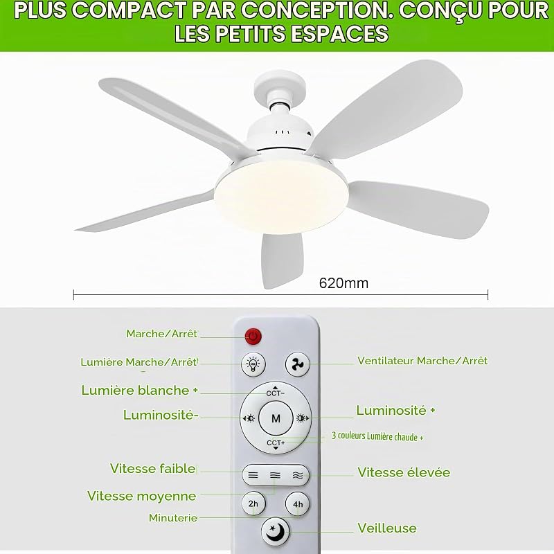 Ventilateur de Plafond avec Lumière et Télécommande, 62CM 45W Petit Ventilateur LED Dimmable, 3 Couleurs 3000-6500K, 3 Vitesses, Minuterie, Douille E27 pour Chambre, Cuisine, Salle de Bain